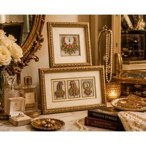 22K Gold Leaf Meenakari Jewelry Art Set India Framed Marble Miniature Paintings